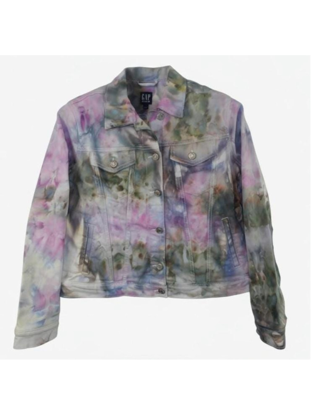 Medium Hand-Dyed Stretch Denim Jacket, Pastel Watercolor Tie Dye, Reclaimed Gap - Picture 3 of 5